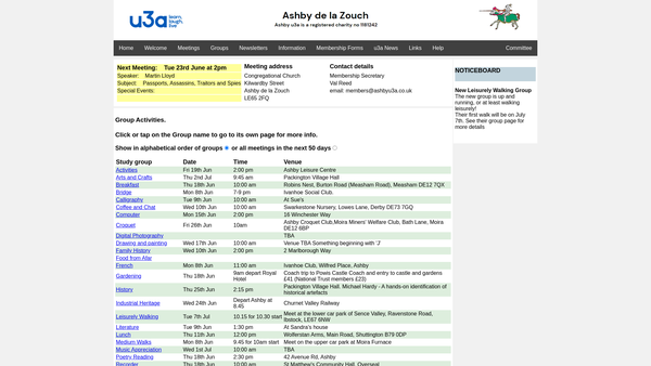 Screenshot of the Ashby U3A website