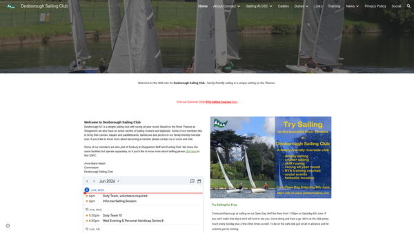 Screenshot of the Desborough Sailing Club website