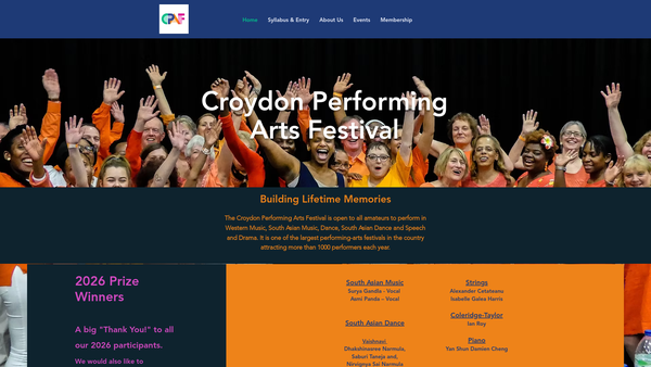 Screenshot of the Croydon Performing Arts Festival website
