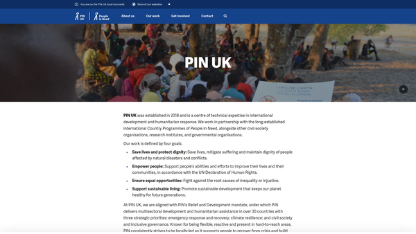 Screenshot of the People In Need (Pin) UK website