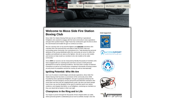 Screenshot of the Moss Side Fire Station Boxing Club CIO website