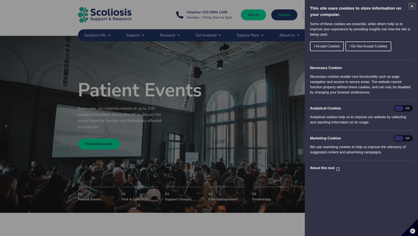 Screenshot of the Scoliosis Support and Research website