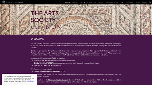 Screenshot of the The Arts Society, Corinium website
