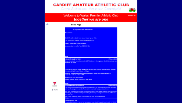 Screenshot of the Cardiff Athletics website