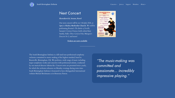 Screenshot of the South Birmingham Sinfonia website