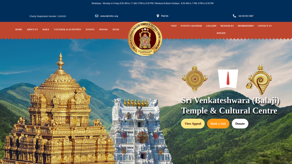 Screenshot of the Sri Venkateshwara (Balaji) Temple & Cultural Centre website