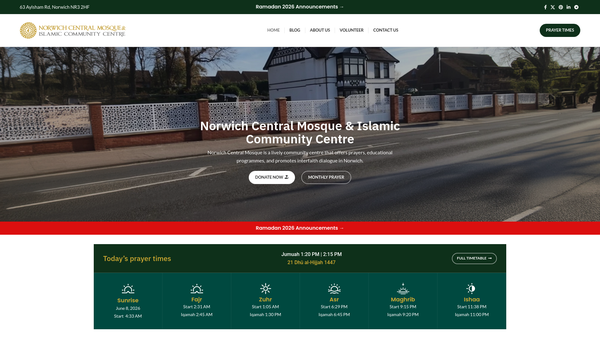 Screenshot of the Norwich Central Mosque And Islamic Community Centre website
