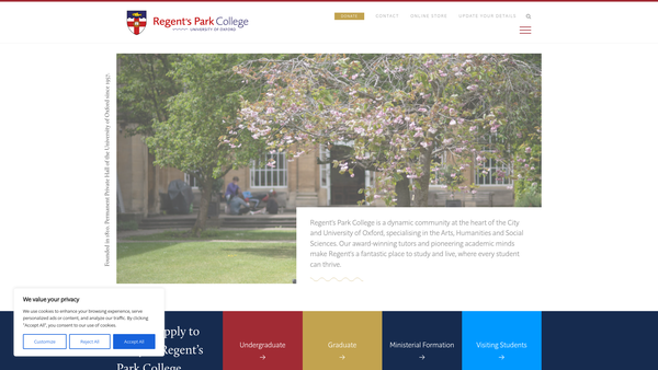 Screenshot of the Regent's Park College website