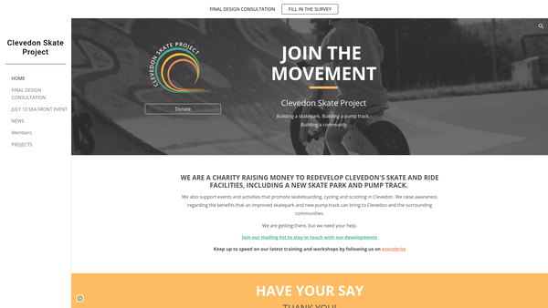 Screenshot of the Clevedon Skate Project website