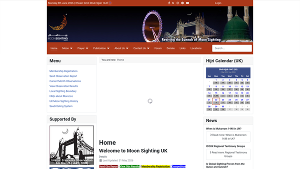 Screenshot of the Islamic Crescents Observation For The UK (Icouk) website