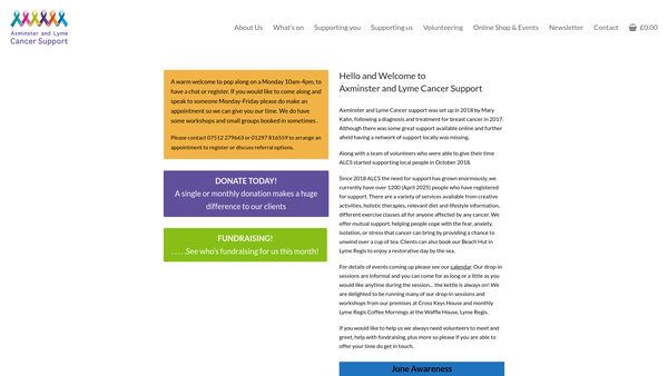 Screenshot of the Axminster And Lyme Cancer Support website