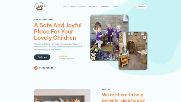 Screenshot of the Hedge End Village Hall Pre-School CIO website
