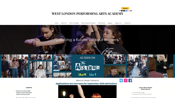 Screenshot of the West London Performing Arts Academy website