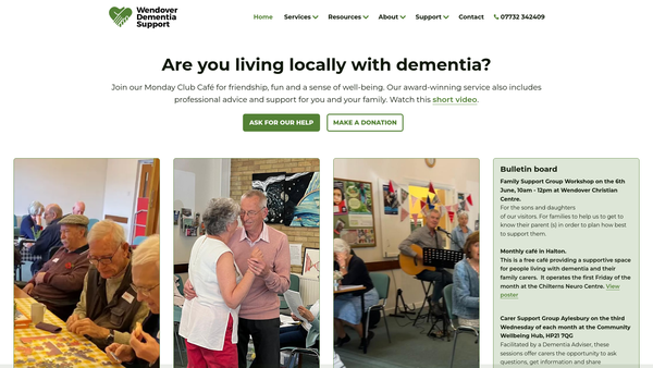 Screenshot of the Wendover Dementia Support website