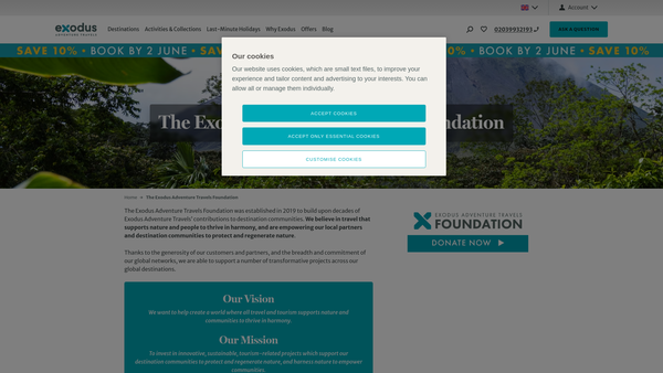 Screenshot of the Exodus Travels Foundation website