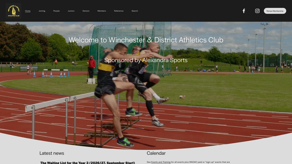 Screenshot of the Winchester And District Athletics Club website