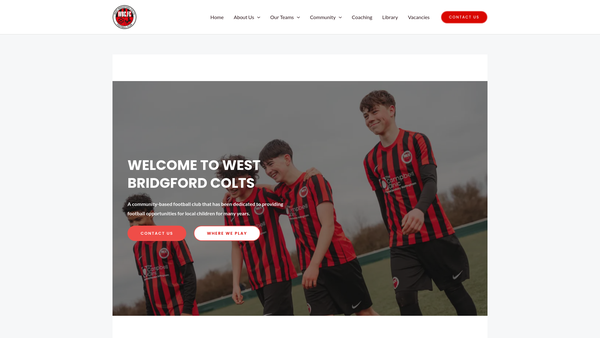 Screenshot of the West Bridgford Colts Football Club Charitable Incorporated Organisation website