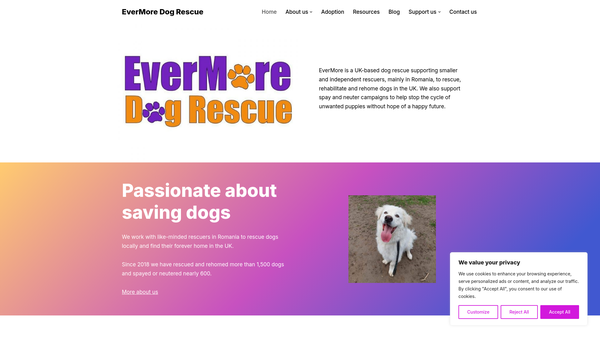 Screenshot of the Evermore Dog Rescue website