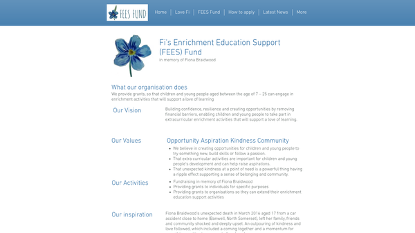 Screenshot of the Fi's Enrichment Education Support Fund: In Memory Of Fiona Braidwood website