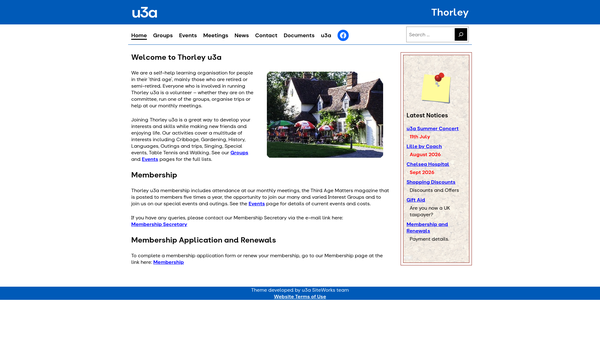 Screenshot of the Thorley U3A website