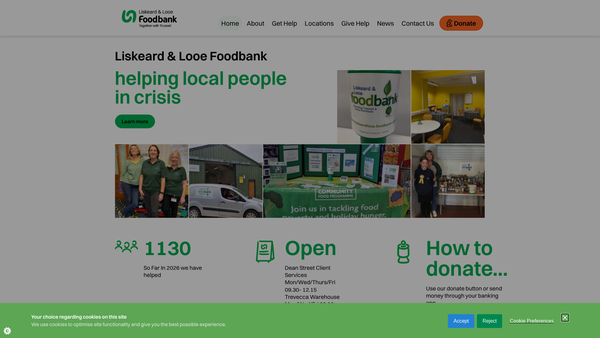 Screenshot of the Liskeard & Looe Foodbank website