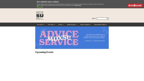 Screenshot of the Middlesex University Students' Union website