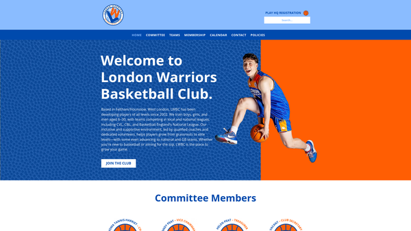 Screenshot of the London Warriors Basketball Club website