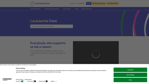 Screenshot of the Leukaemia Care website