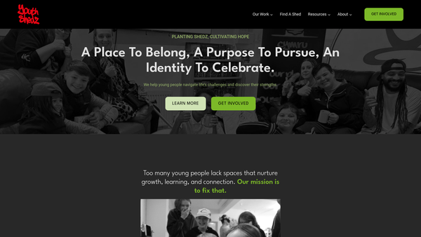 Screenshot of the Youth Shedz website
