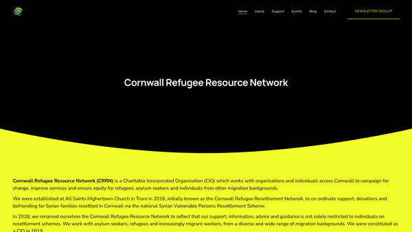 Screenshot of the Cornwall Refugee Resource Network website