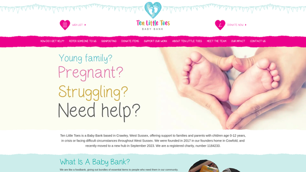 Screenshot of the Ten Little Toes Baby Bank website