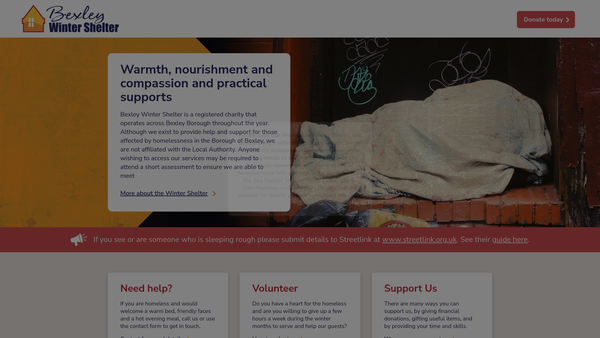 Screenshot of the Bexley Winter Shelter website