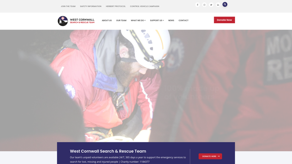 Screenshot of the West Cornwall Search & Rescue Team website