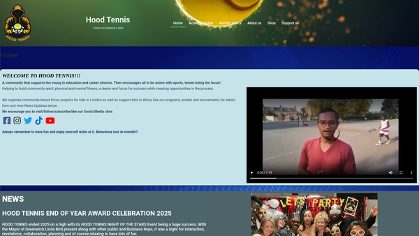 Screenshot of the Hood Tennis website