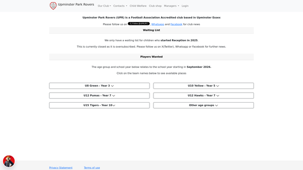 Screenshot of the Upminster Park Rovers Junior Football Club CIO website