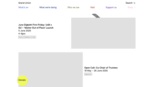 Screenshot of the Grand Union Arts CIO website