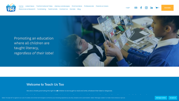 Screenshot of the Teach US Too Charitable Trust website