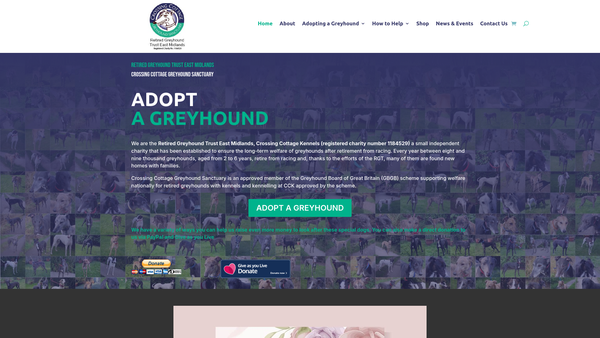 Screenshot of the Crossing Cottage Greyhound Sanctuary website