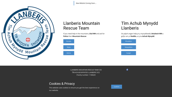 Screenshot of the Llanberis Mountain Rescue Team CIO / Tîm Achub Mynydd Llanberis Sce website