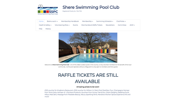 Screenshot of the Shere Swimming Pool Club website