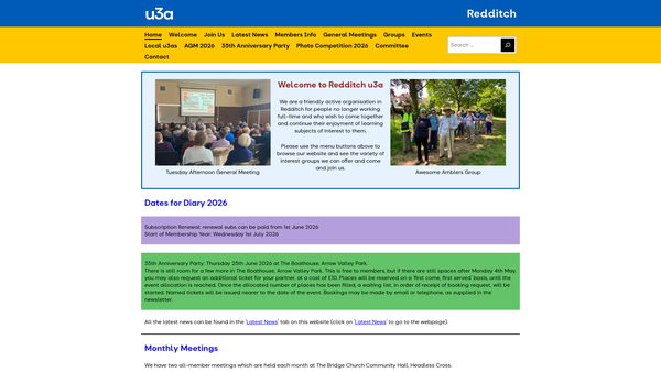 Screenshot of the Redditch U3A website