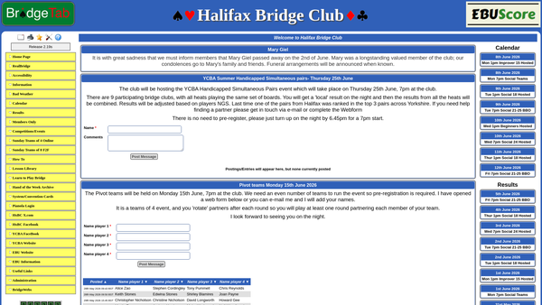 Screenshot of the Halifax Bridge Club website