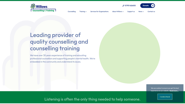Screenshot of the Willows Counselling Service website