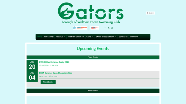 Screenshot of the Borough Of Waltham Forest Swimming Club website