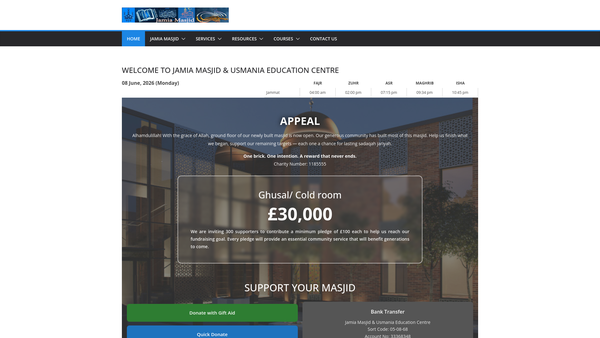 Screenshot of the Jamia Masjid And Usmania Education Centre website