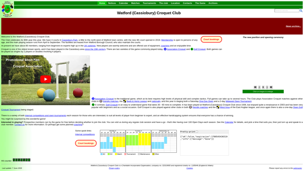 Screenshot of the Watford (Cassiobury) Croquet Club website