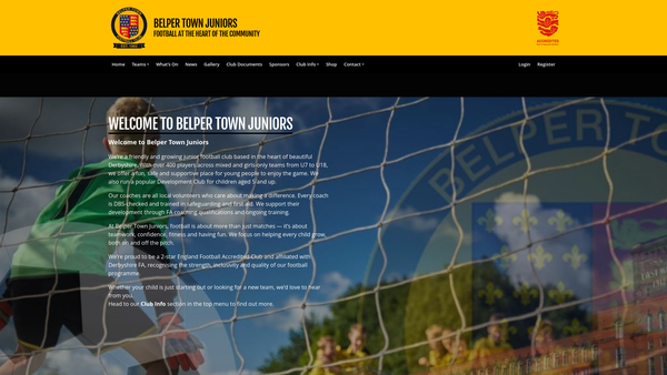 Screenshot of the Belper Town Junior Football Charity Association website