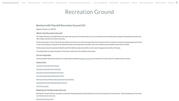 Screenshot of the Bamford With Thornhill Recreation Ground CIO website