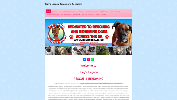 Screenshot of the Joey’s Legacy Rescue & Rehoming website