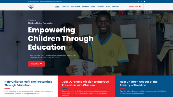 Screenshot of the Children Matter Foundation website
